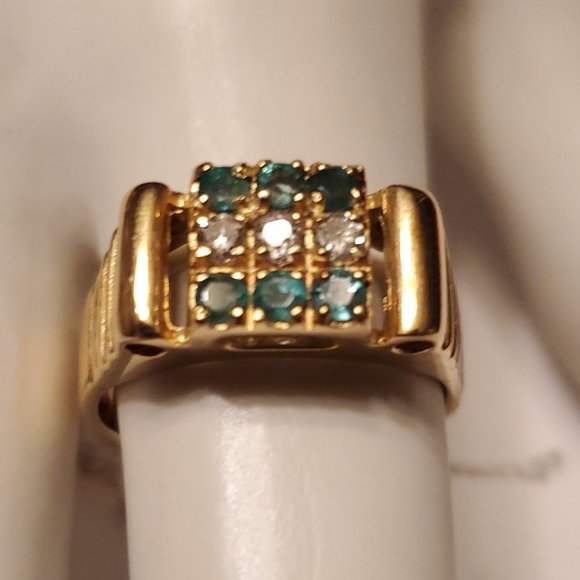 14K YELLOW GOLD UNISEX BEAUTIFUL DIAMOND & EMERALD RING - Picture 4 of 9